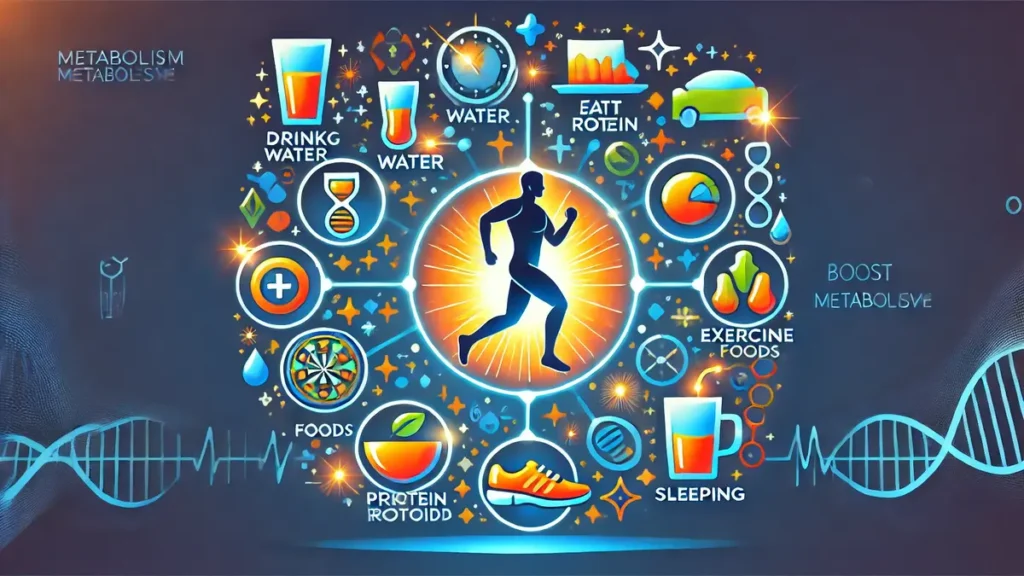 Illustration showing natural ways to boost metabolism : hydration, protein-rich foods, exercise, and quality sleep, surrounding a stylized glowing metabolic engine