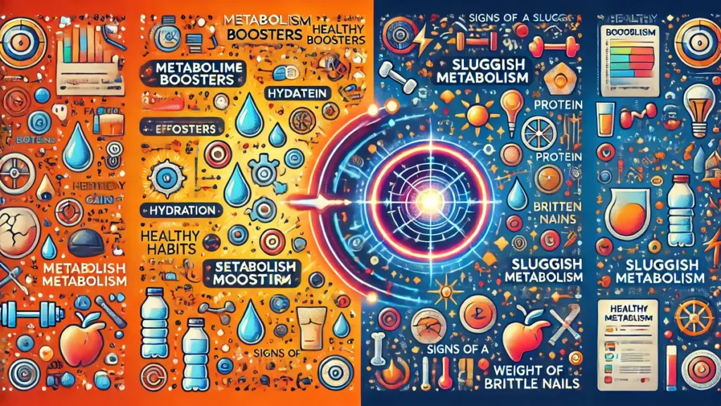 Illustration showing the concept of metabolism boosters with healthy habits like hydration, protein intake, and exercise, contrasted with signs of a sluggish metabolism such as fatigue, weight gain, and brittle nails