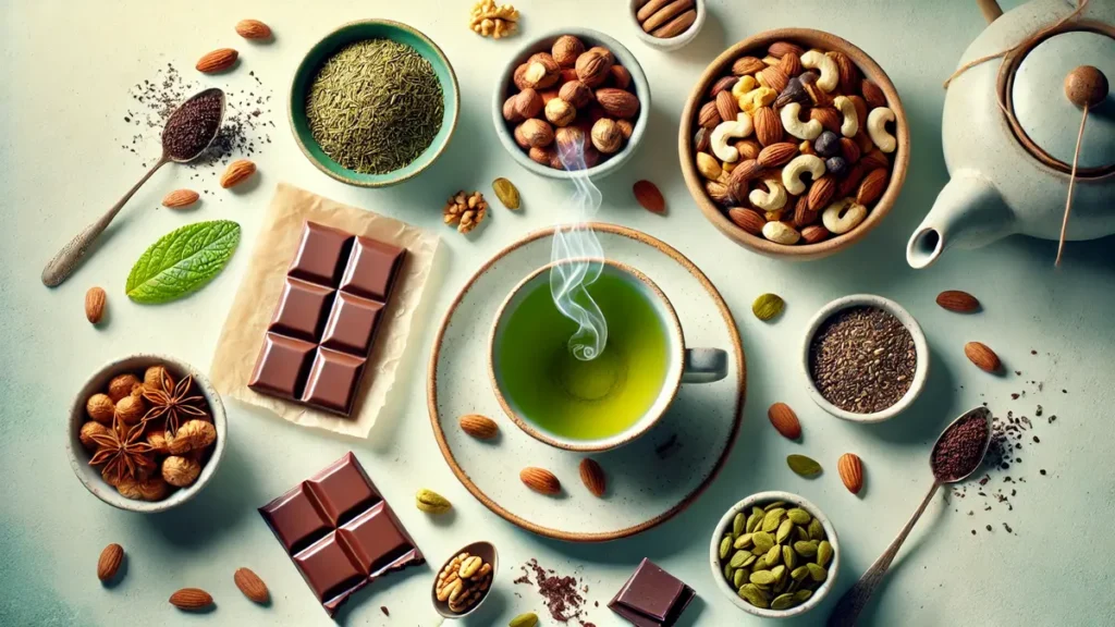 Image showcasing natural metabolism-boosting foods : a cup of green tea, a bowl of mixed nuts and seeds, and a piece of dark chocolate, arranged on a light background emphasizing health benefits