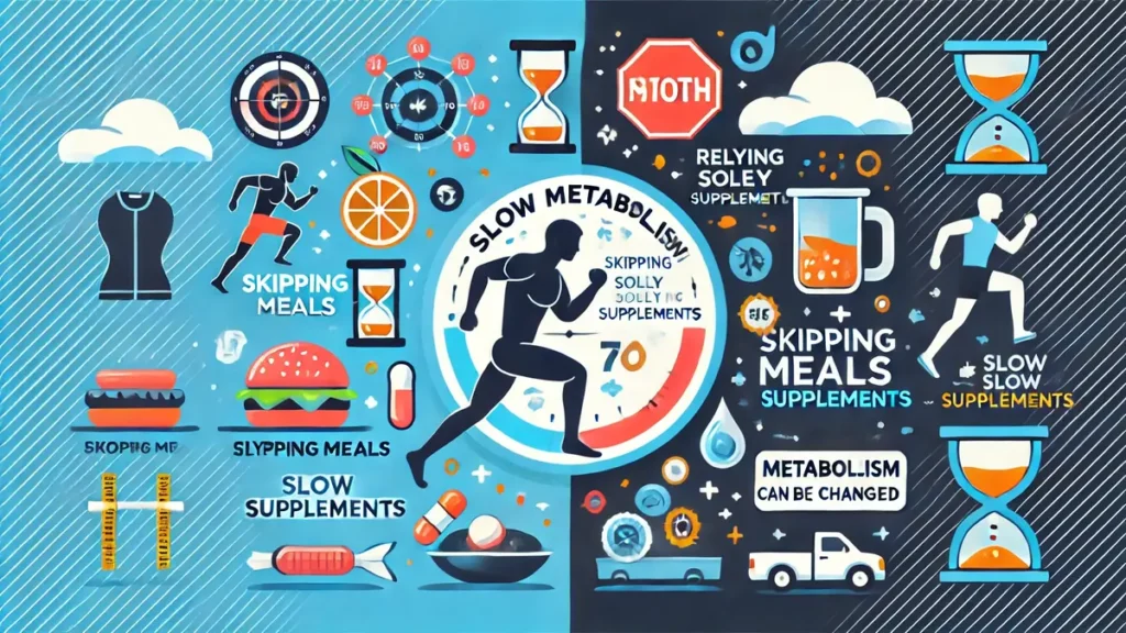 Debunking common myths about slow metabolism informative image highlighting misconceptions like skipping meals, genetic limitations, and reliance on supplements, with science backed facts for better health