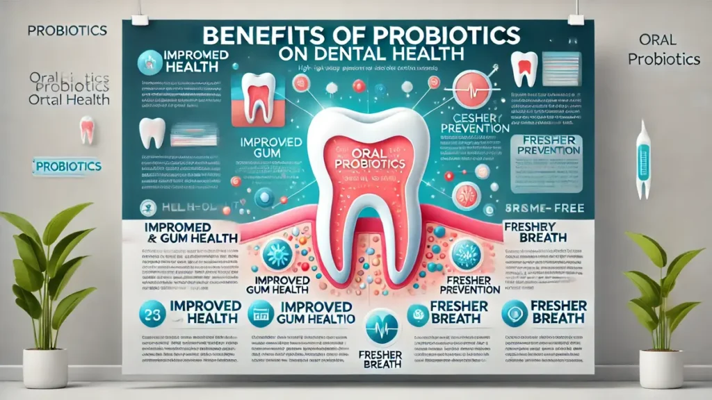 High-quality rectangular infographic illustrating the benefits of oral probiotics for dental health. Includes visual representations of probiotics improving gum health, preventing cavities, freshening breath, and supporting overall oral microbiome balance