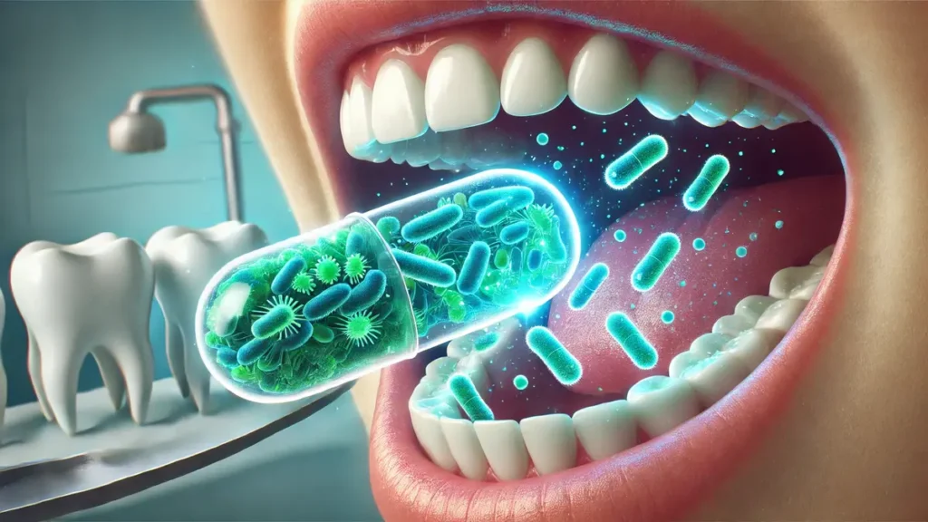 Illustration of oral probiotics benefits for dental health showcasing improved gum health, reduced bad breath, stronger teeth, and balanced oral microbiome with probiotics