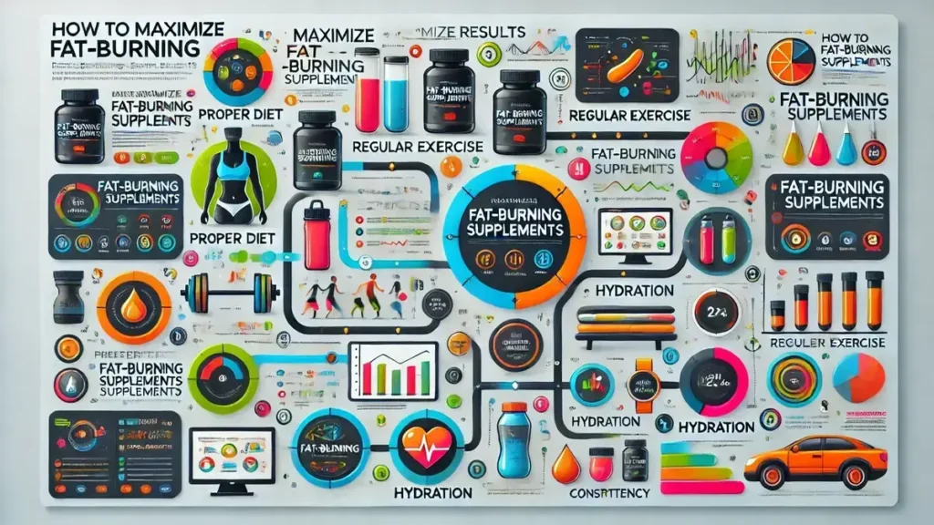 Infographic illustrating how to maximize results from fat burning supplements, featuring key strategies like diet, exercise, hydration, and consistency for optimal fat loss