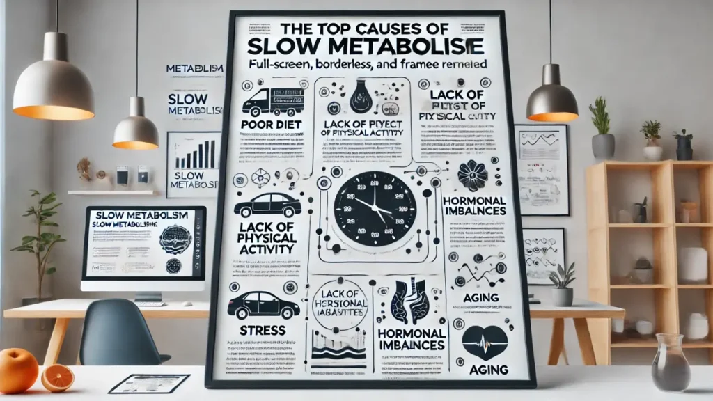 Infographic illustrating the causes of slow metabolism and how to fix it, featuring tips on nutrition, physical activity, and sleep optimization