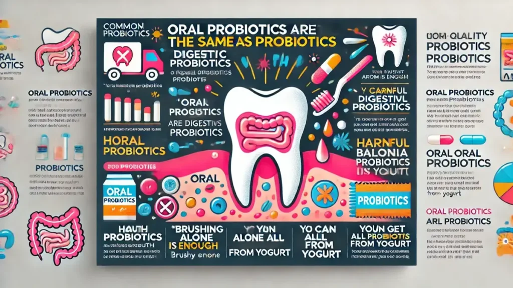 Rectangular infographic debunking common myths about oral probiotics, highlighting the differences from digestive probiotics, the importance beyond brushing and flossing, and why yogurt alone isn’t enough for dental health