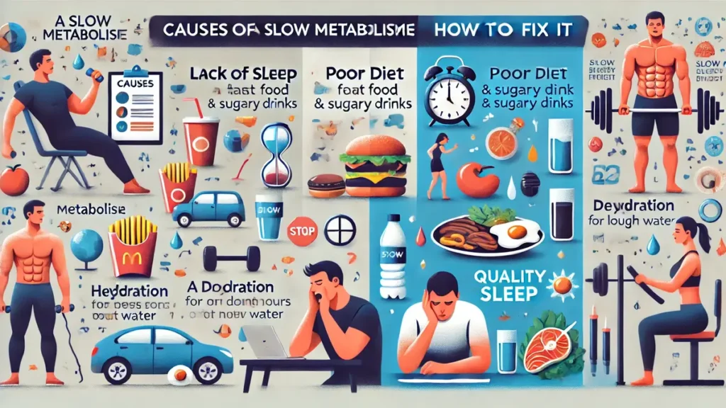 Rectangular infographic illustrating the causes of a slow metabolism and solutions to fix it, featuring key factors such as diet, physical activity, hydration, and sleep, with visually engaging icons and clear explanations