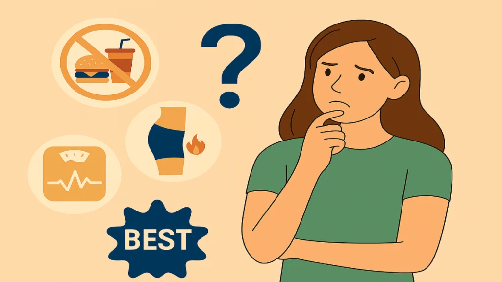 Illustration of a young woman analyzing fat loss progress with graphs and fitness icons, supporting the article 'Avoid the Most Common Fat Loss Mistakes by Knowing What Actually Works