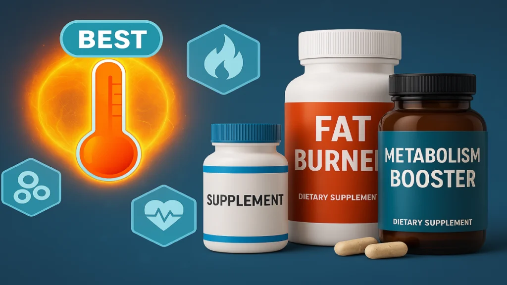 Best fat burning and metabolism booster supplements displayed with glowing thermometer and health icons, illustrating effective weight loss solutions