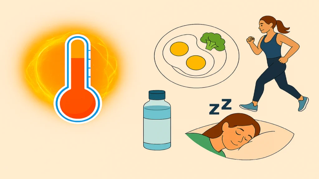 Illustration showing natural ways to burn more calories without relying on supplements, including healthy food, hydration, sleep, and exercise