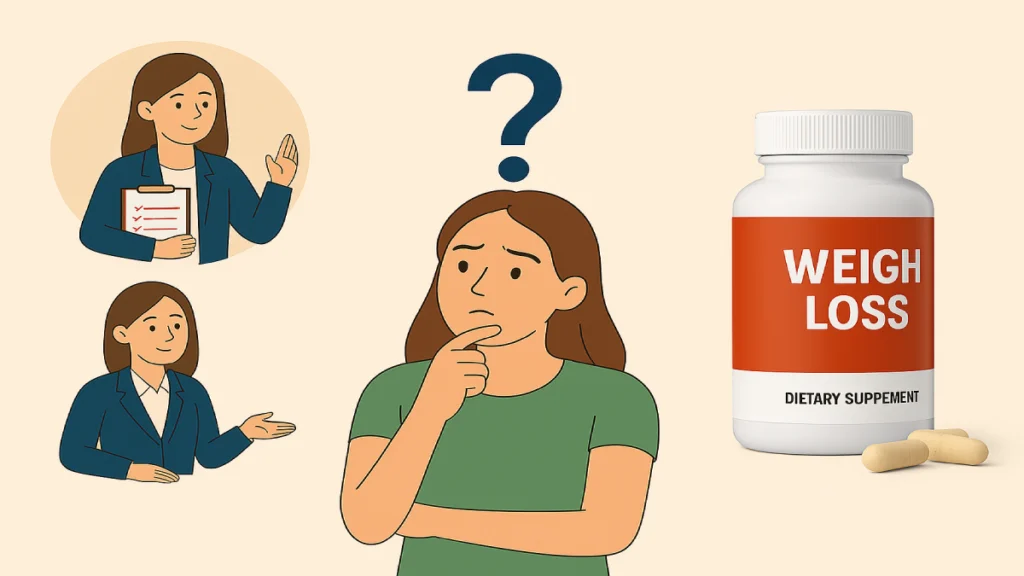 Illustration comparing coaching and weight loss supplements as strategies for sustainable weight management