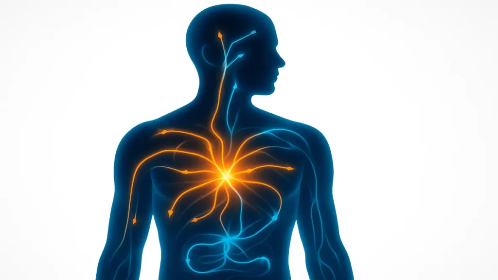 Digital illustration of a human silhouette with glowing metabolic pathways and energy lines