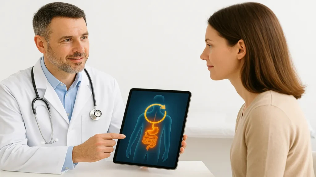 Doctor explaining metabolic therapy to a patient in a clinic
