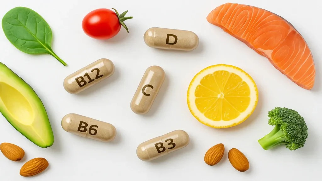 Essential vitamins for metabolism displayed with natural food sources