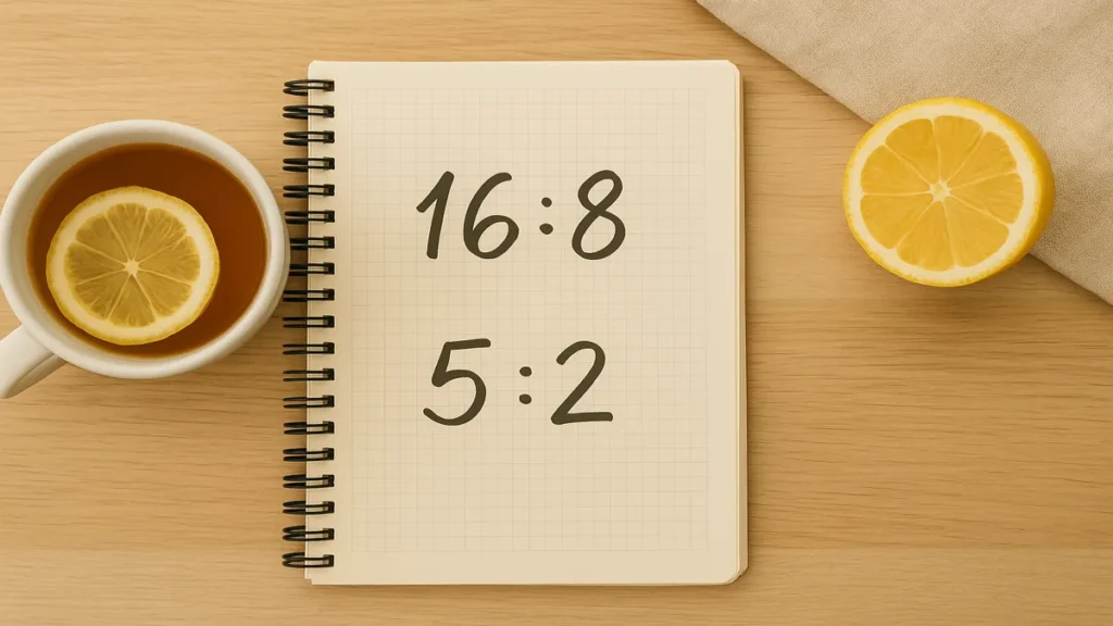 Flat lay of different fasting schedules (16:8, 5:2) handwritten in a health journal with tea and lemon
