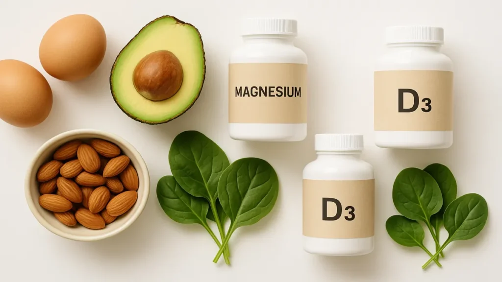 Flat lay of supplement bottles (B vitamins, magnesium, D3) with whole foods like eggs, avocado, and spinach