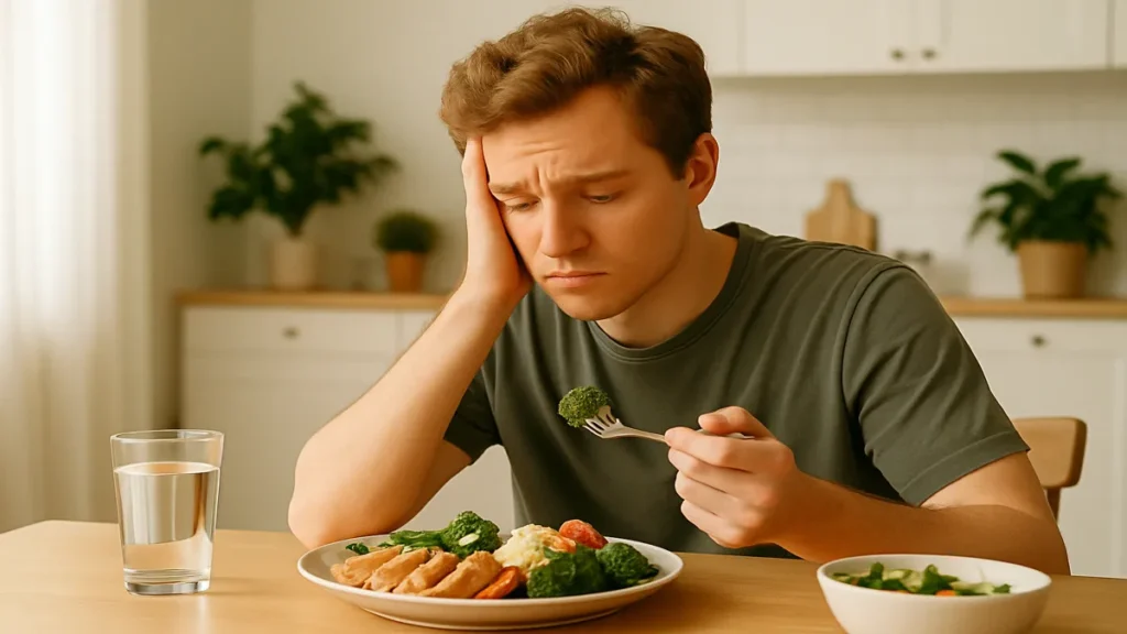 Frustrated person eating a large meal and still not gaining weight