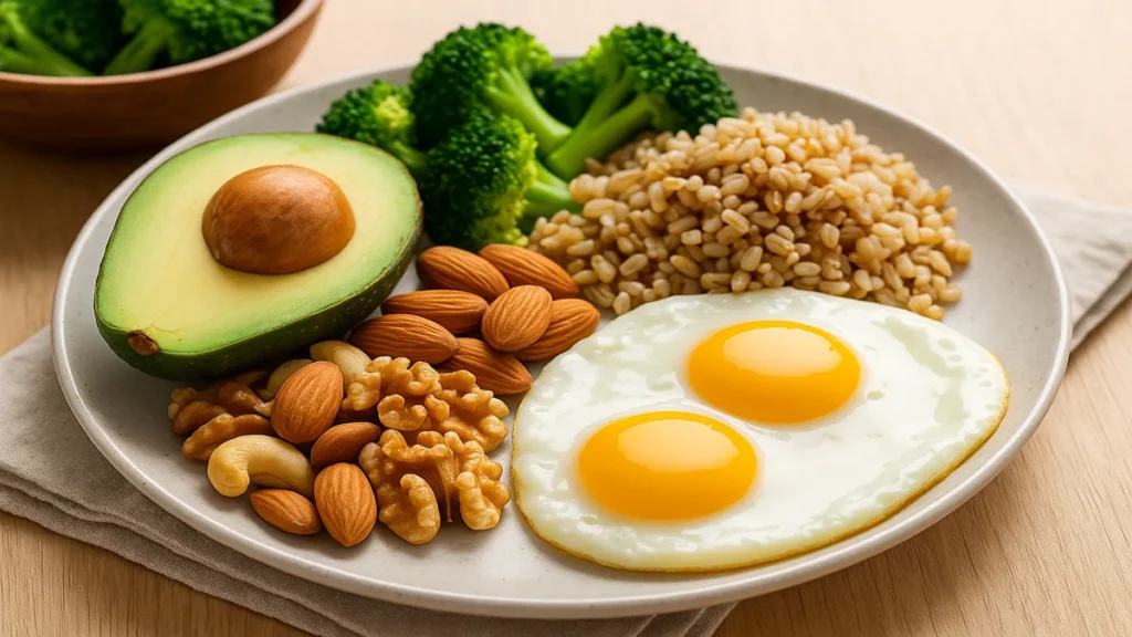 Healthy high calorie foods like avocado, nuts, and grains prepared for weight gain