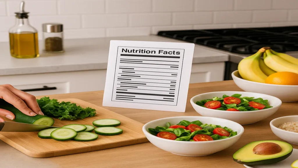 Healthy meal preparation showing nutrient awareness in a modern kitchen