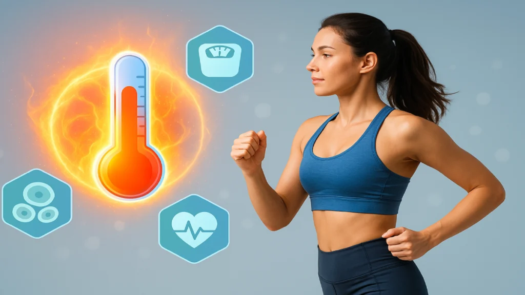 Woman running with metabolic icons and a glowing thermometer, visually representing how metabolism and fat burners work together for effective weight loss