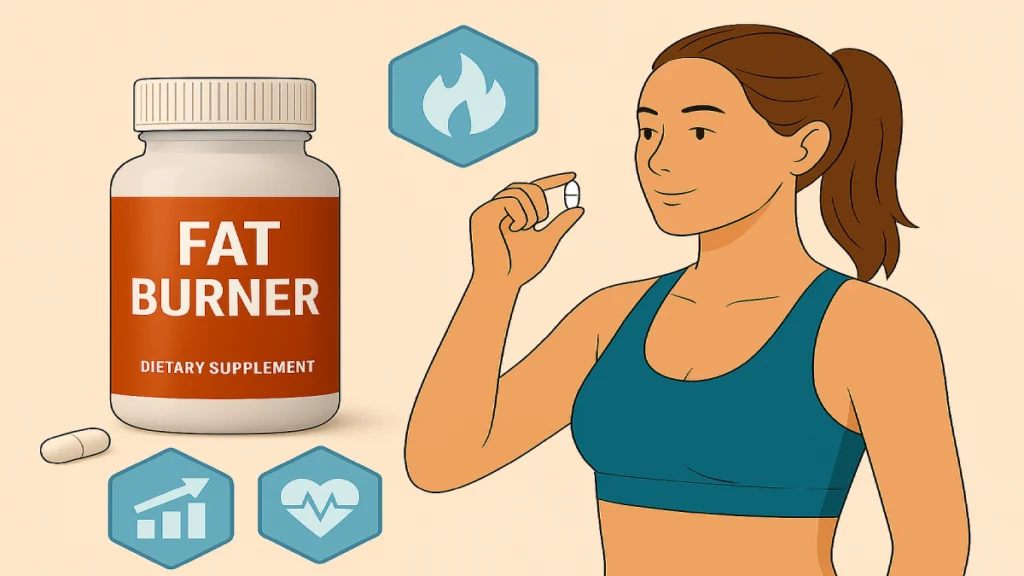 Illustration of a fit woman holding a supplement bottle, representing the safe and effective use of fat burners without side effects