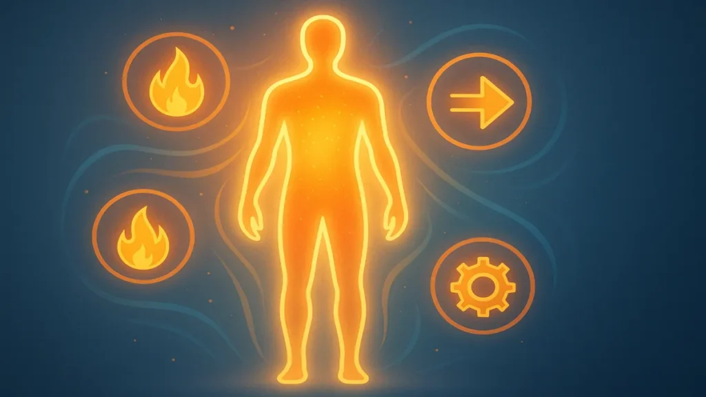 Illustration of fast metabolism with glowing metabolic symbols around the body