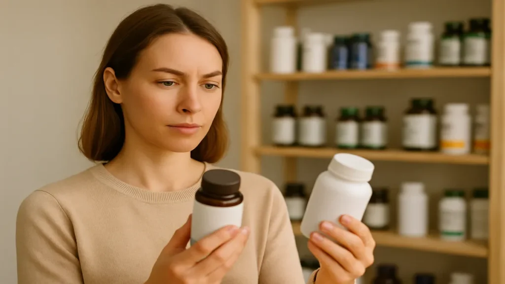Person choosing the right metabolism-boosting supplement based on ingredients