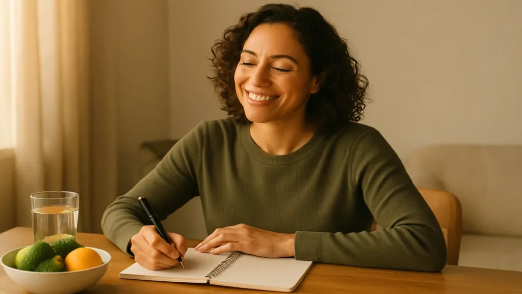 Person journaling nutrition goals in a cozy setting to improve weight gain progress