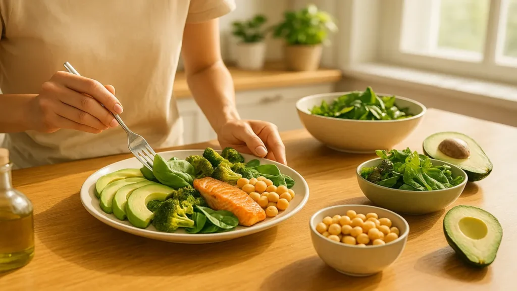 Person preparing a colorful, balanced meal with proteins, healthy fats, and greens, sunlight kitchen