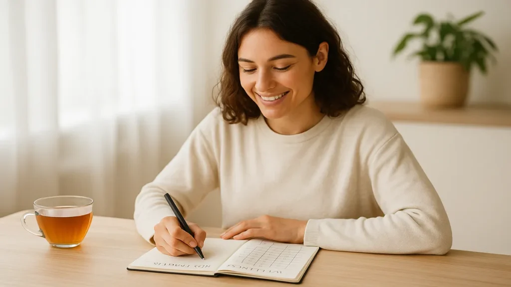 Smiling person journaling progress in a wellness tracker with herbal tea and natural light, clean peaceful vibe