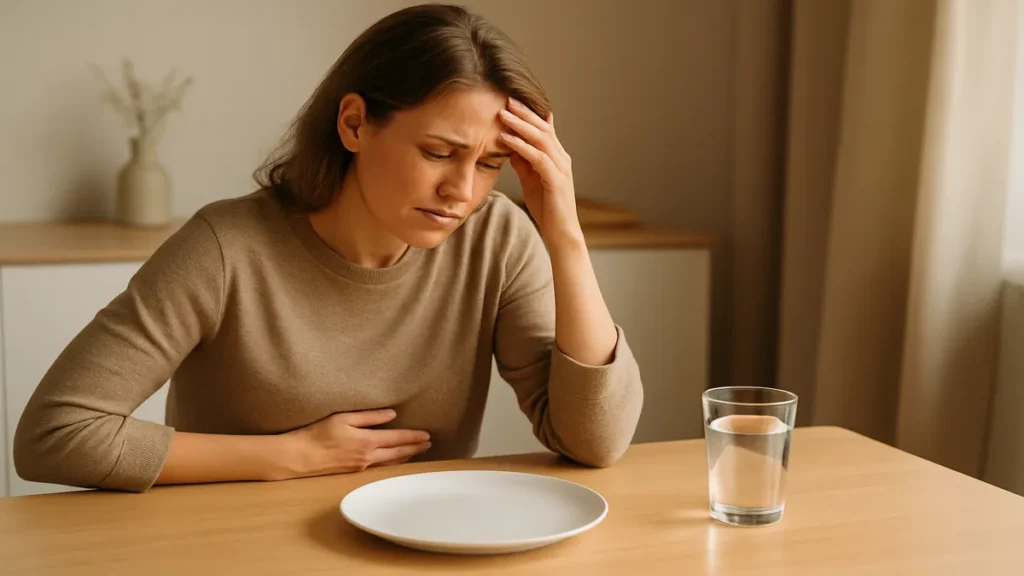 Stressed adult holding their stomach or head, sitting at a table with empty plate and water