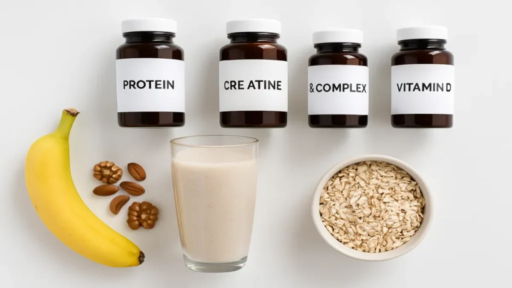Supplements and protein shake surrounded by weight gain ingredients like banana and oats