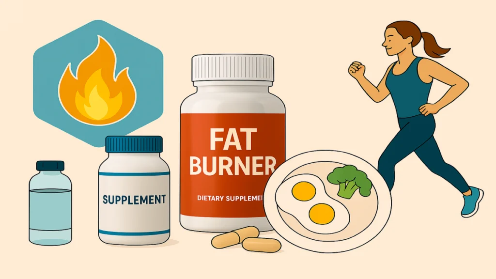 Illustration of various types of fat burners and natural alternatives, representing the concept of Understanding Fat Burners – Types, Benefits & Smart Alternatives