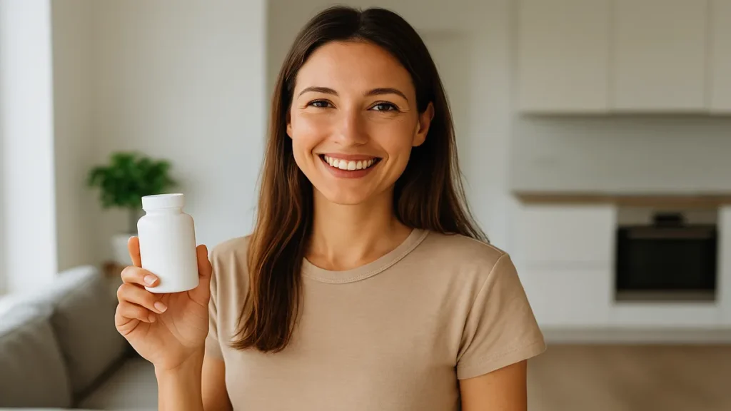 Woman confidently holding metabolism booster supplement