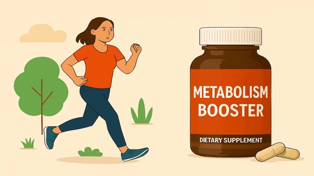 Woman holding a metabolism booster supplement, symbolizing natural energy enhancement and weight management support