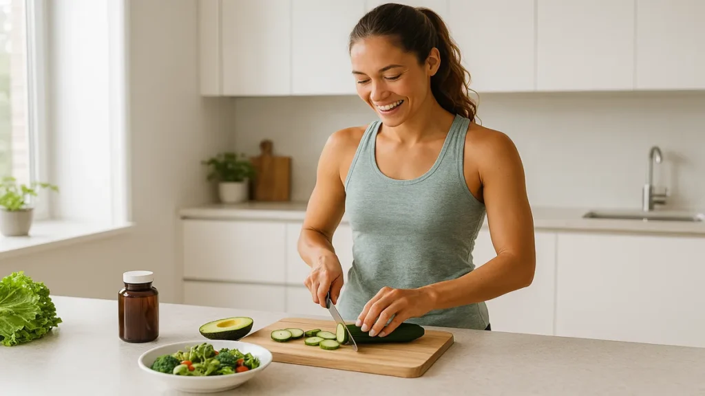 Woman supporting metabolism with healthy habits and supplements