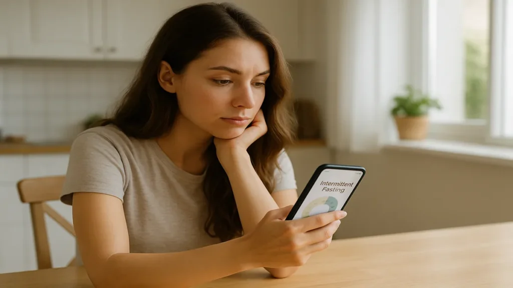 Young woman looking thoughtful while checking intermittent fasting schedule on phone