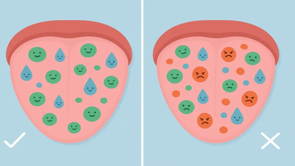 Balanced oral microbiome visual showing good vs bad bacteria in the mouth