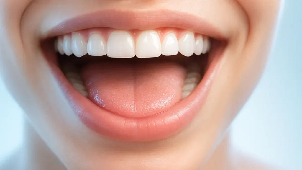 Close-up of a healthy mouth with balanced oral bacteria, representing probiotic effects on bad breath