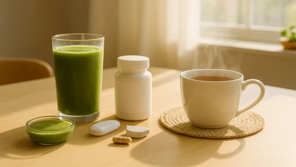 Different ways to take adaptogens including smoothies, capsules, and teas
