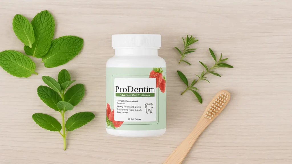 Flat lay of a clean probiotic supplement bottle with herbs, mint leaves, and a toothbrush on a light wooden surface, fresh and clinical vibe, rectangle, no text