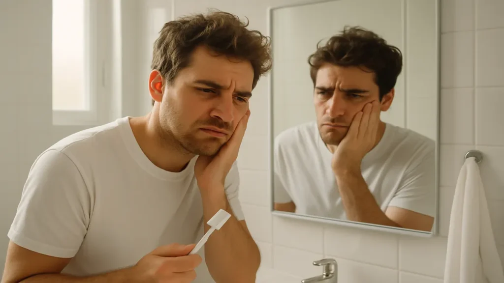 Frustrated person still experiencing bad breath despite brushing teeth
