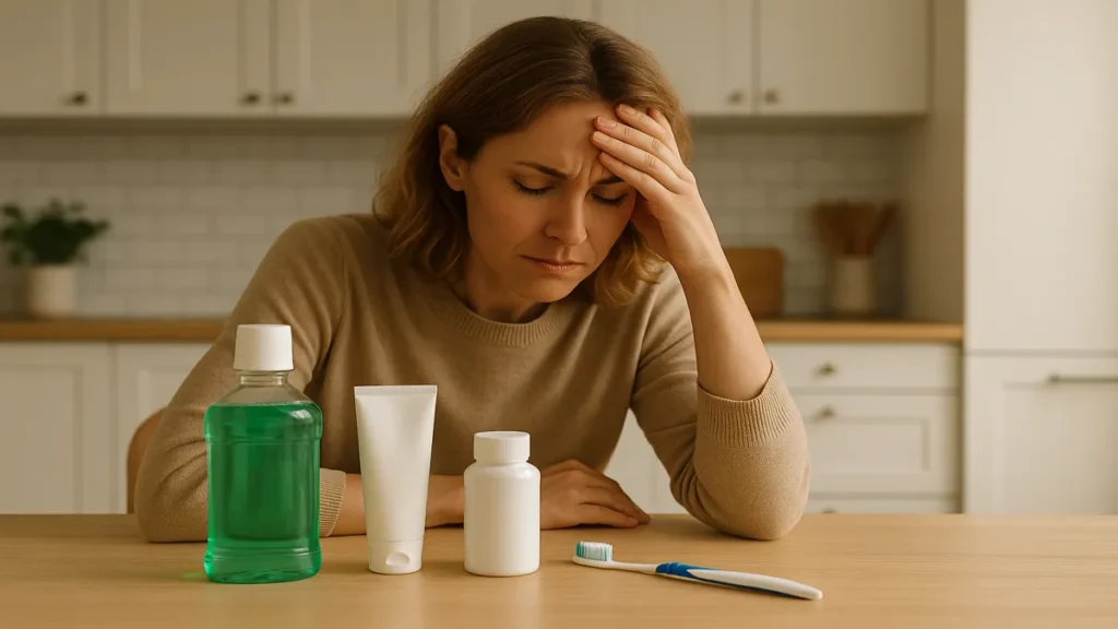 Frustrated person surrounded by mouthwashes and toothpaste, still struggling with breath