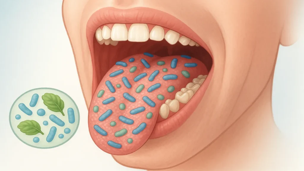 Illustration of harmful bacteria buildup in mouth and tongue causing bad breath
