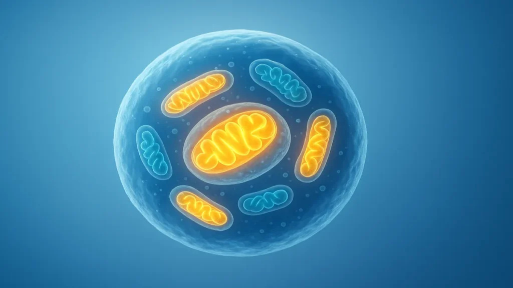 Illustration of human cell highlighting mitochondria for energy production and metabolism