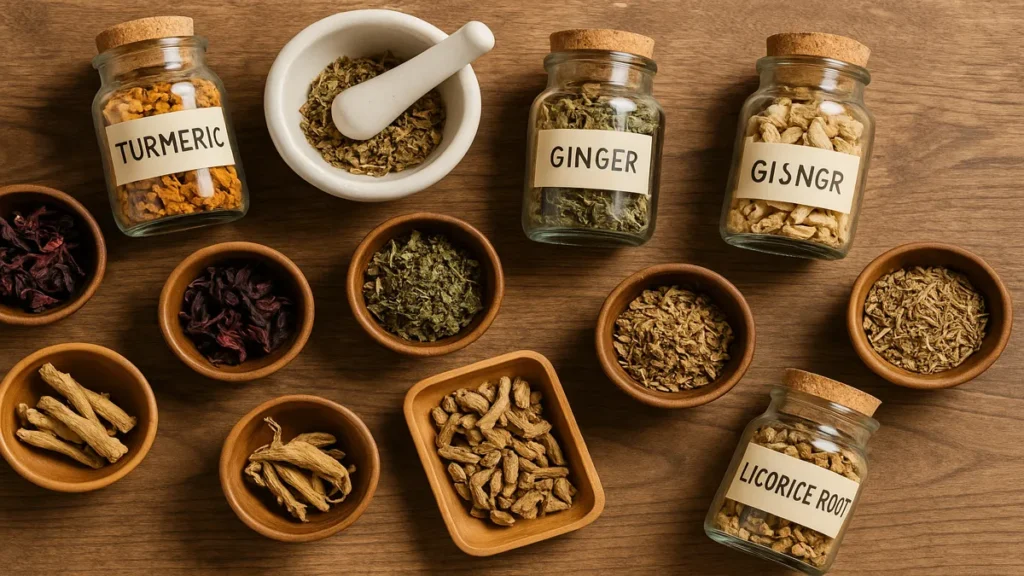 Natural adaptogenic herbs displayed on a wooden table to support stress and energy