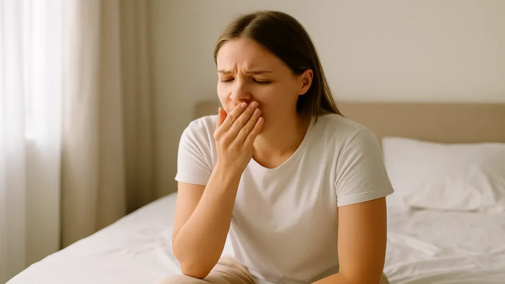 Person frustrated with persistent morning breath after waking up