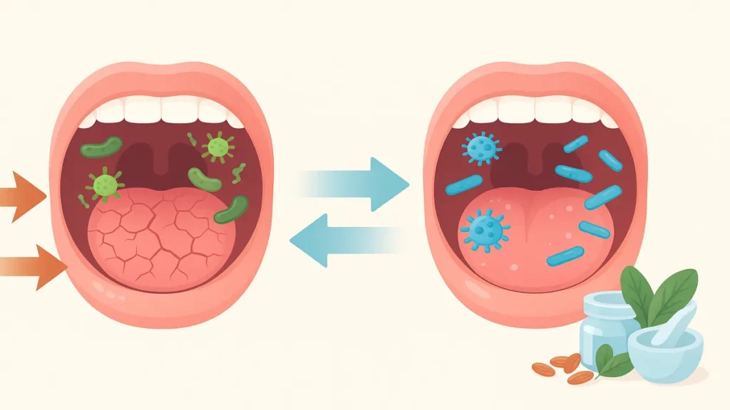 Visual comparison showing dry mouth and bacterial imbalance as causes of bad breath