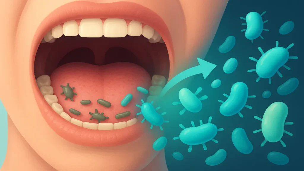 Visual concept of healthy oral microbiome balancing bacteria to fight bad breath