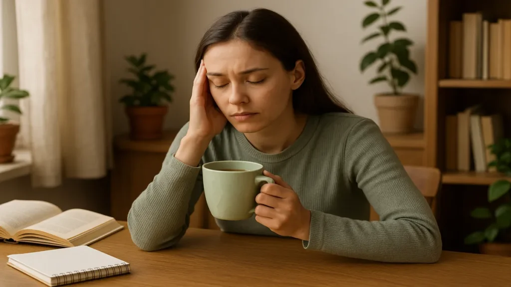 Woman relaxing with herbal tea at home while managing stress and fatigue naturally