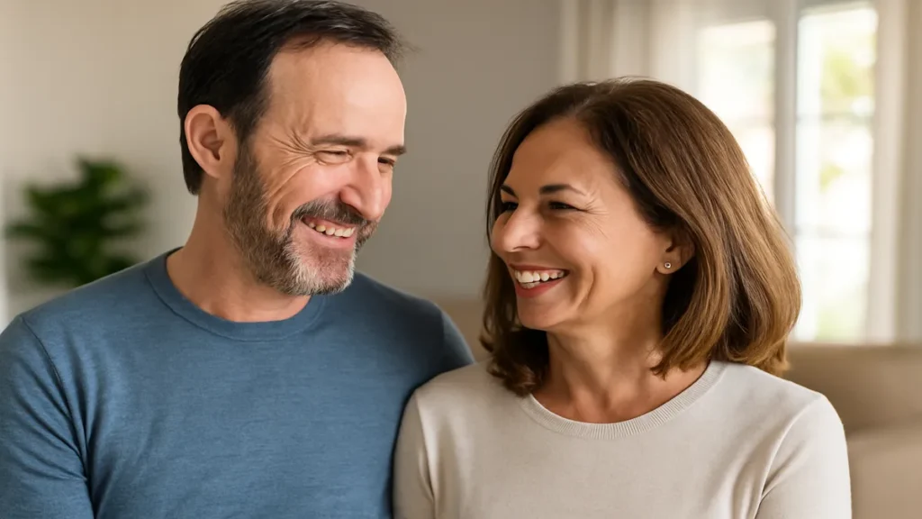 couple looking confident and happy after improving oral health